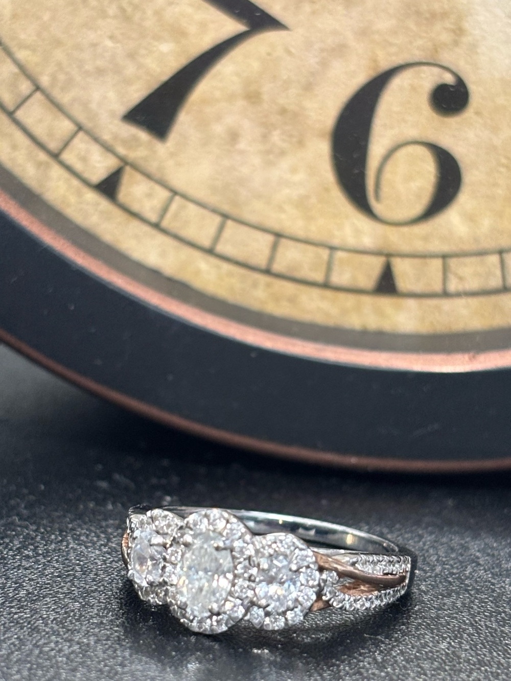 3-Stone Oval Lab Grown Diamond Halo Ring in White and Rose Gold Vera Love Sz 7.5